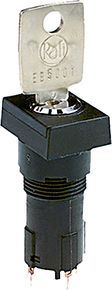 钥匙开关，16.2 mm，方形卡圈, 1 关, 金, 焊接端子, 1 x 90°, 自复位功能, 拔出位置 0